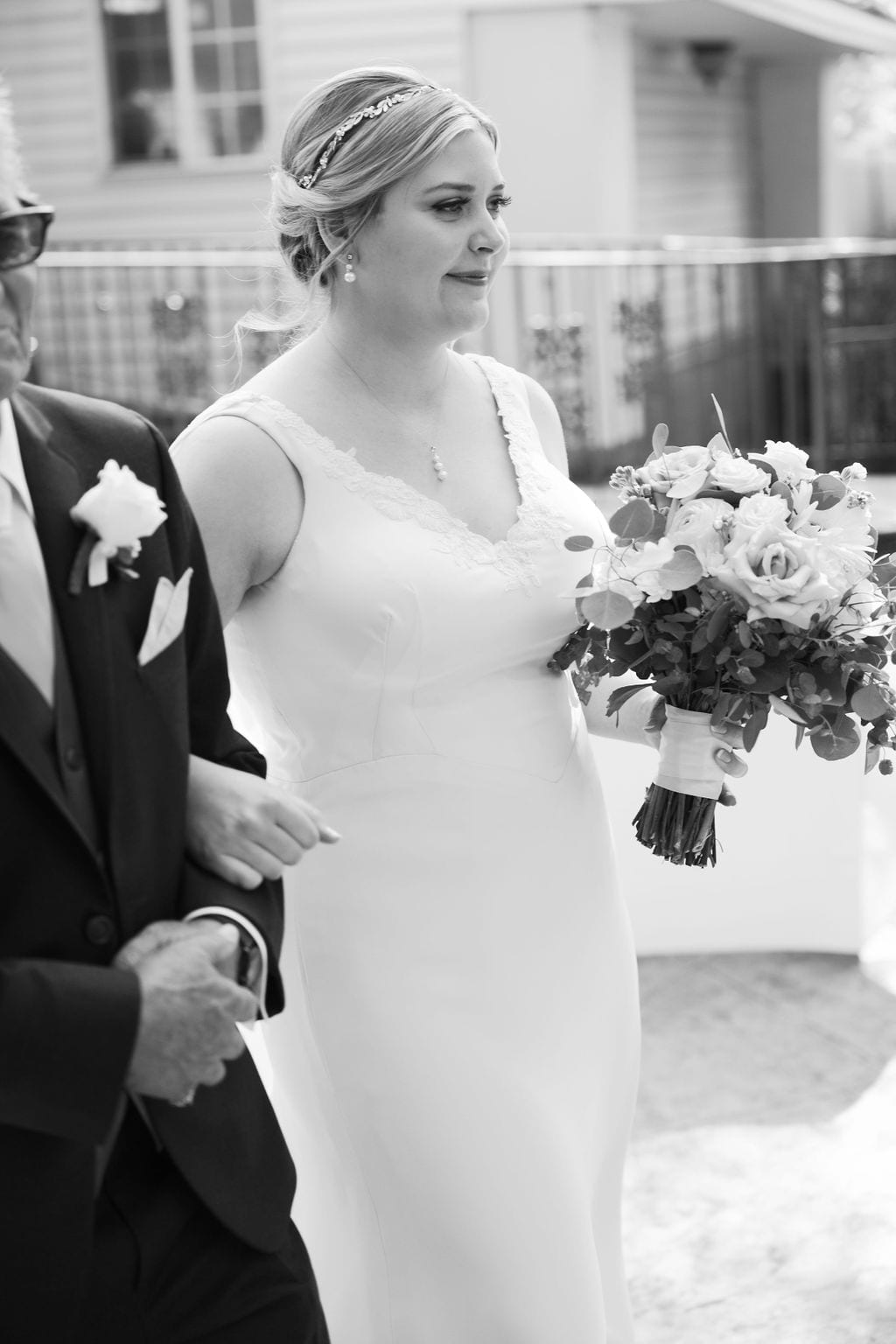Grace and Miles wedding at Eldredge Manor, the bride's processional, black and white
