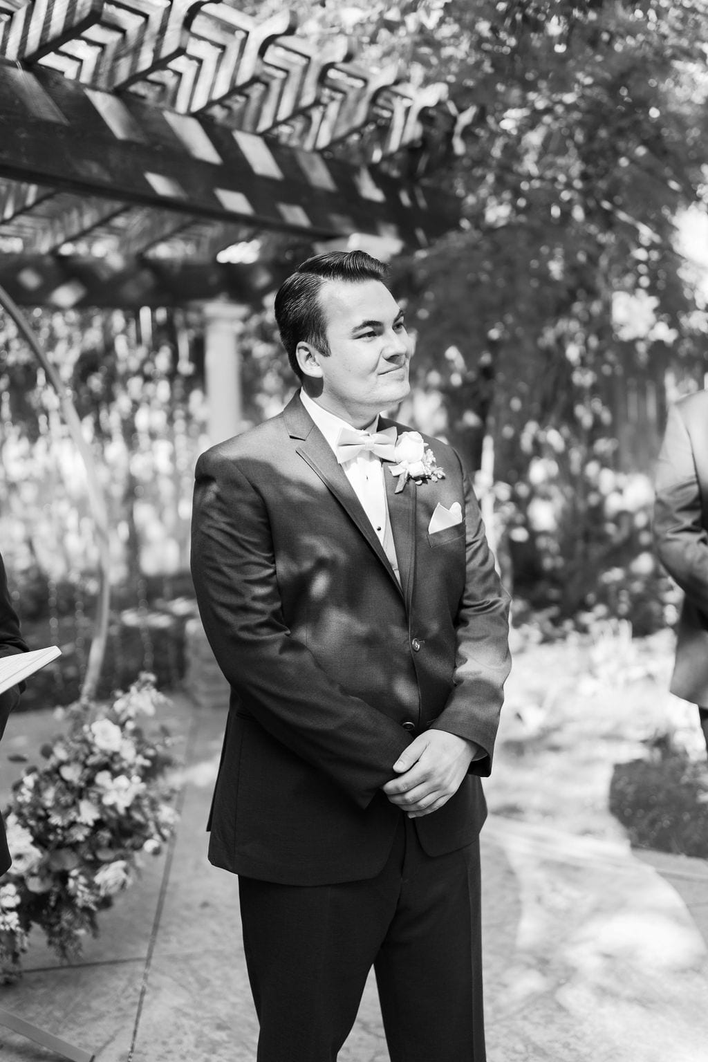 Grace and Miles wedding at Eldredge Manor, the groom's first sight of the bride, black and white