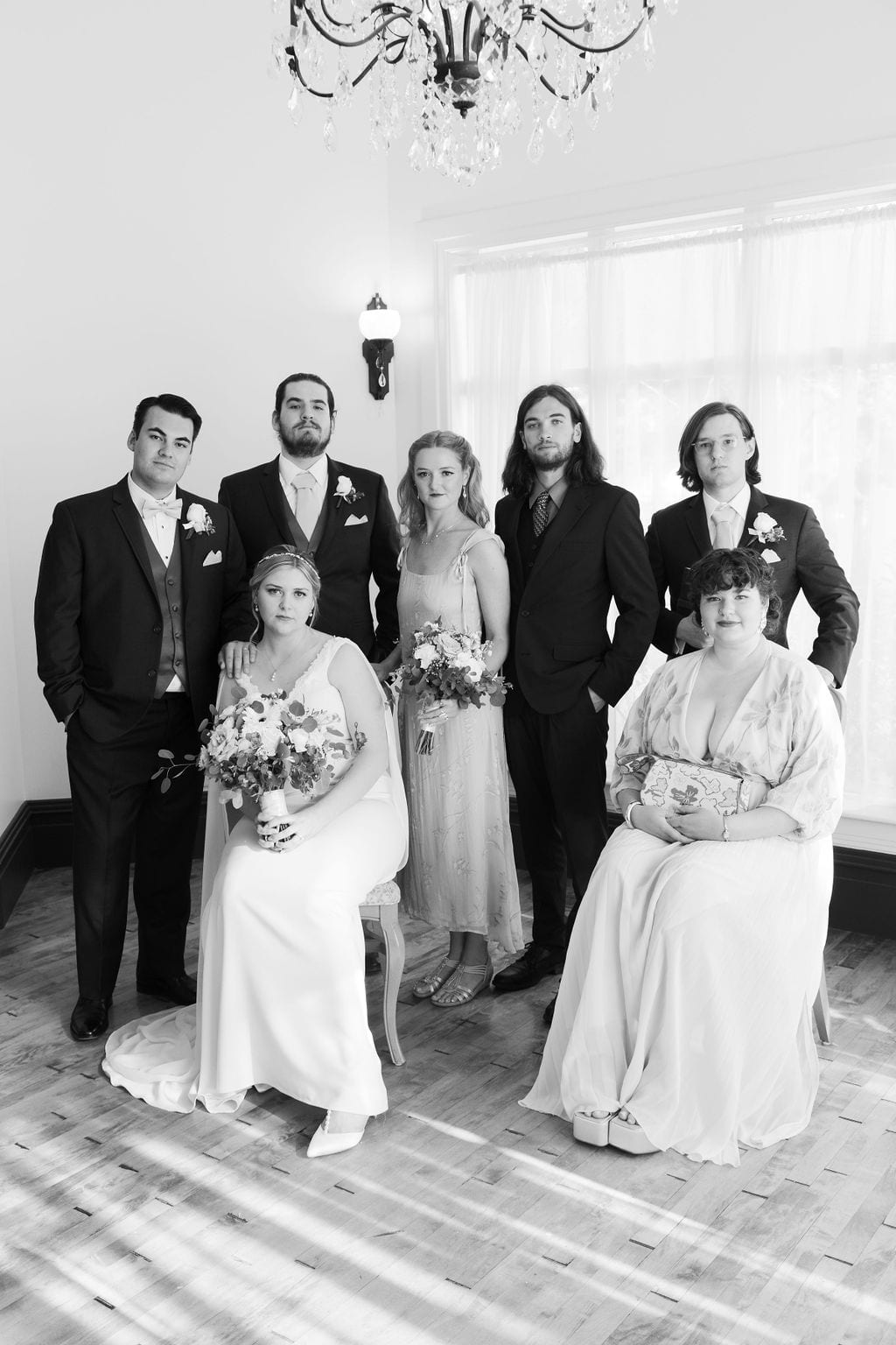 Grace and Miles wedding at Eldredge Manor, the wedding party, black and white