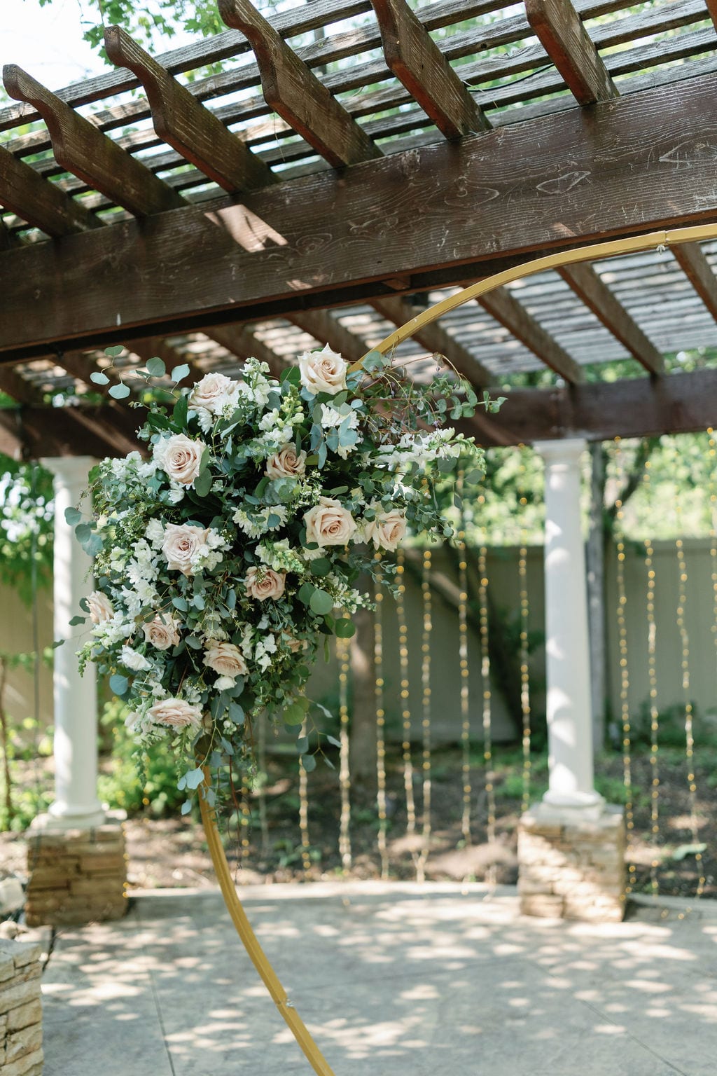 Grace and Miles wedding at Eldredge Manor, the garden pergola