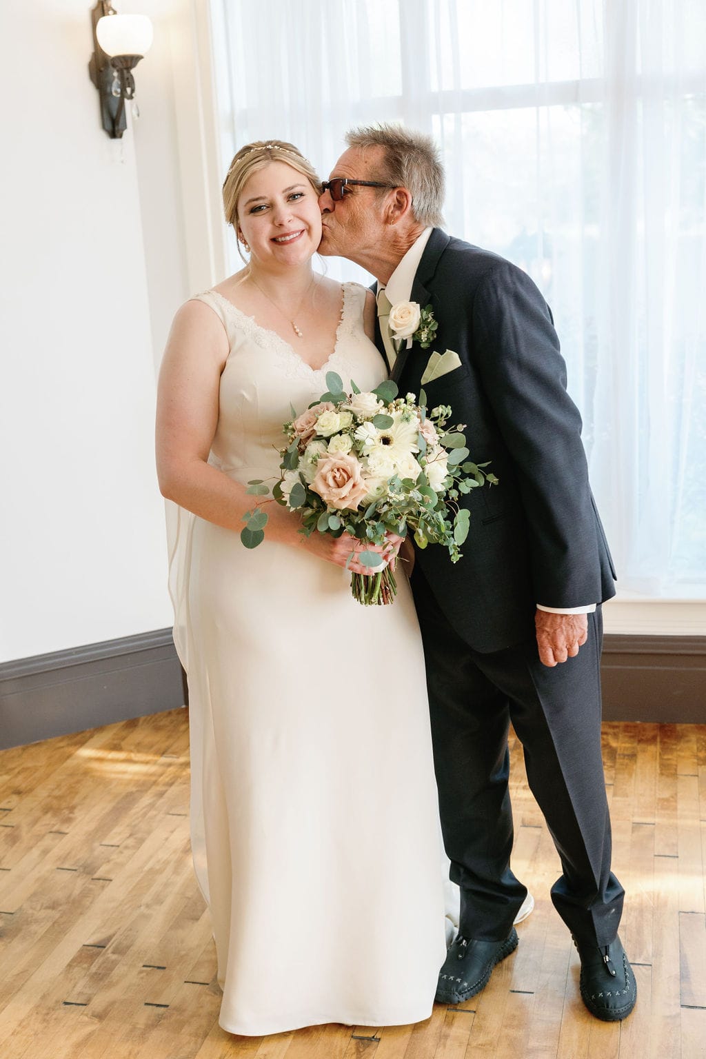 Grace and Miles wedding at Eldredge Manor, the bride and her father, a kiss on the cheek before the ceremony