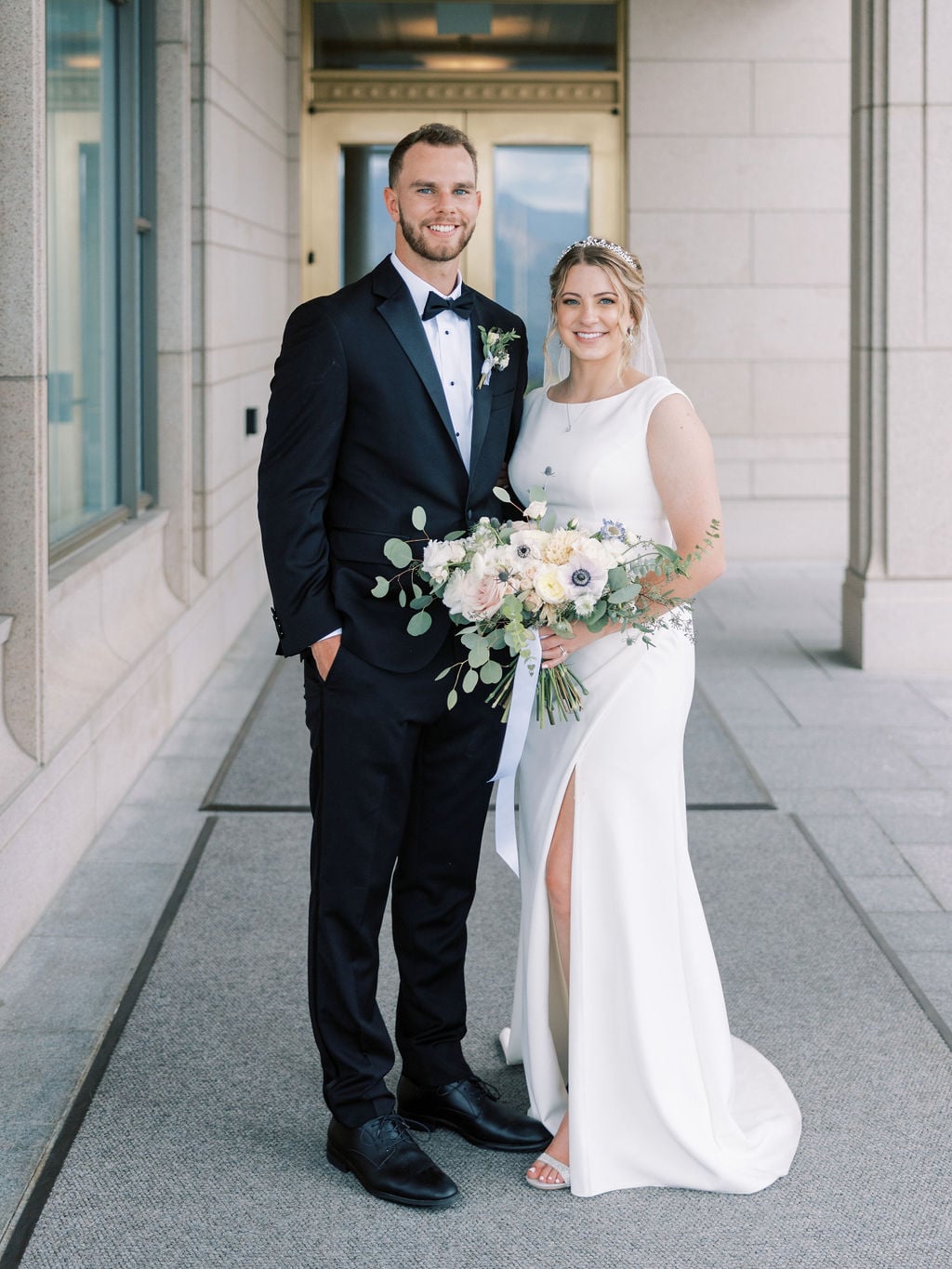 Joe and Holly wedding, a full-length portrait at the temple