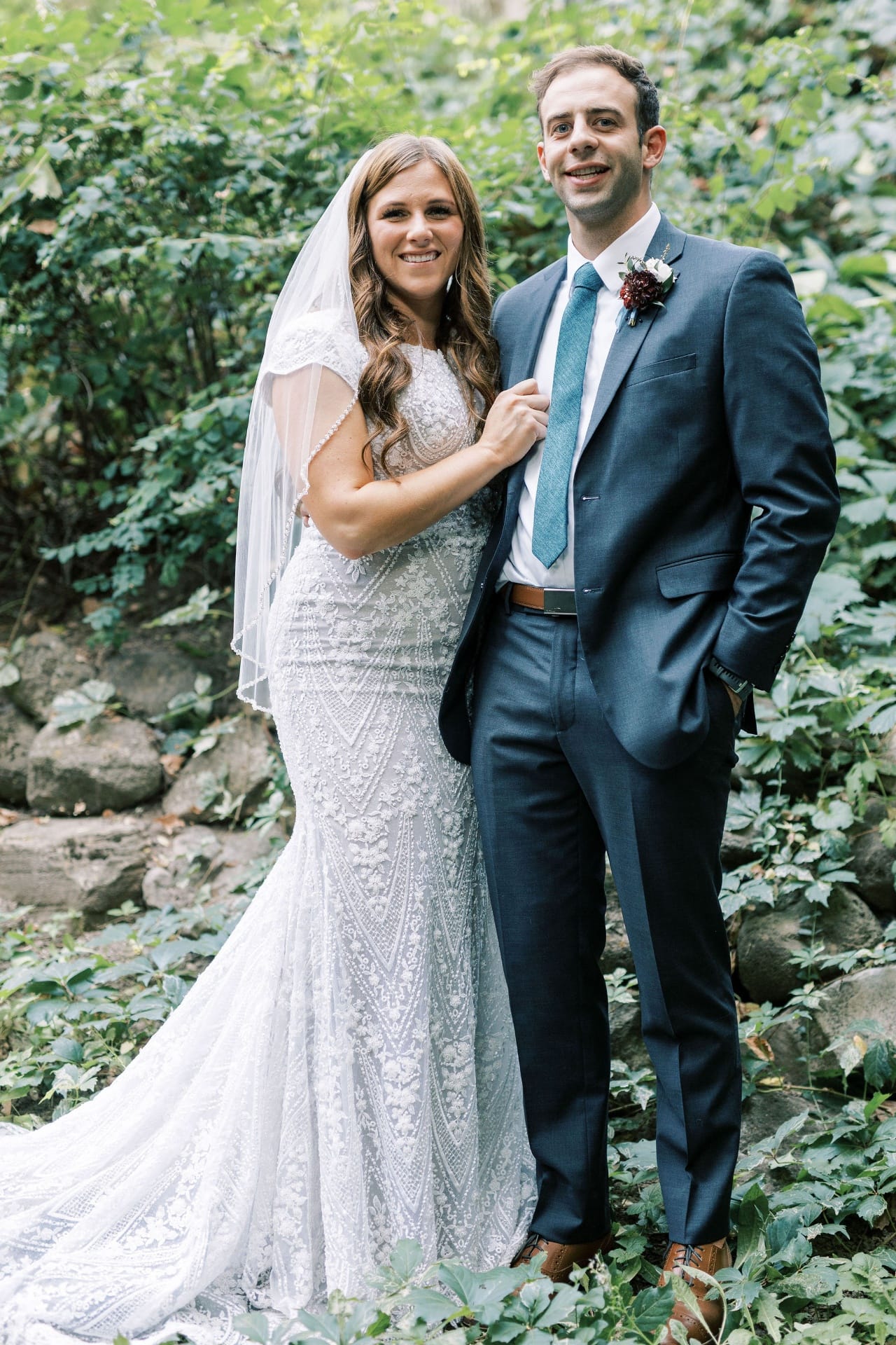 Bride and groom portrait, mountain backdrop