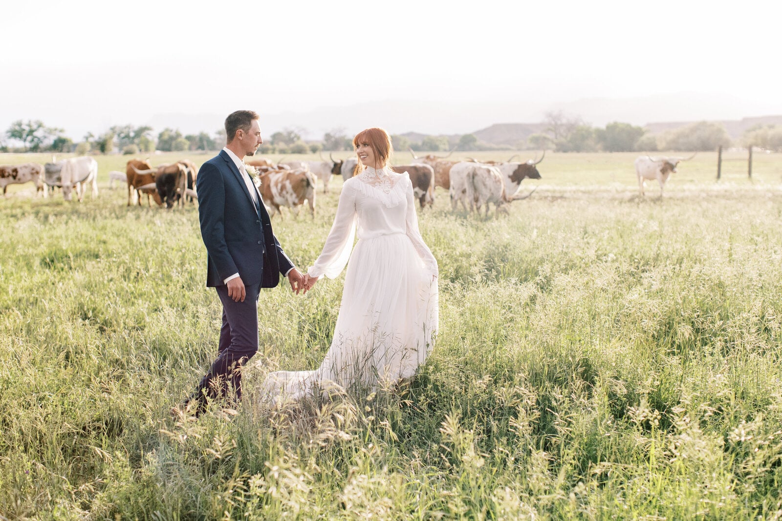 A couple walk a rustic Utah field in high-western wedding dress, cattle grazing behind them