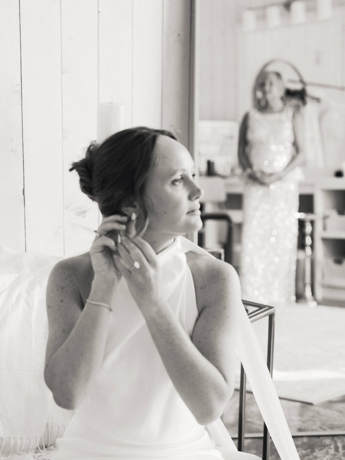 Black-and-white portrait of the bride getting ready for her 4U Ranch wedding, Park City Utah