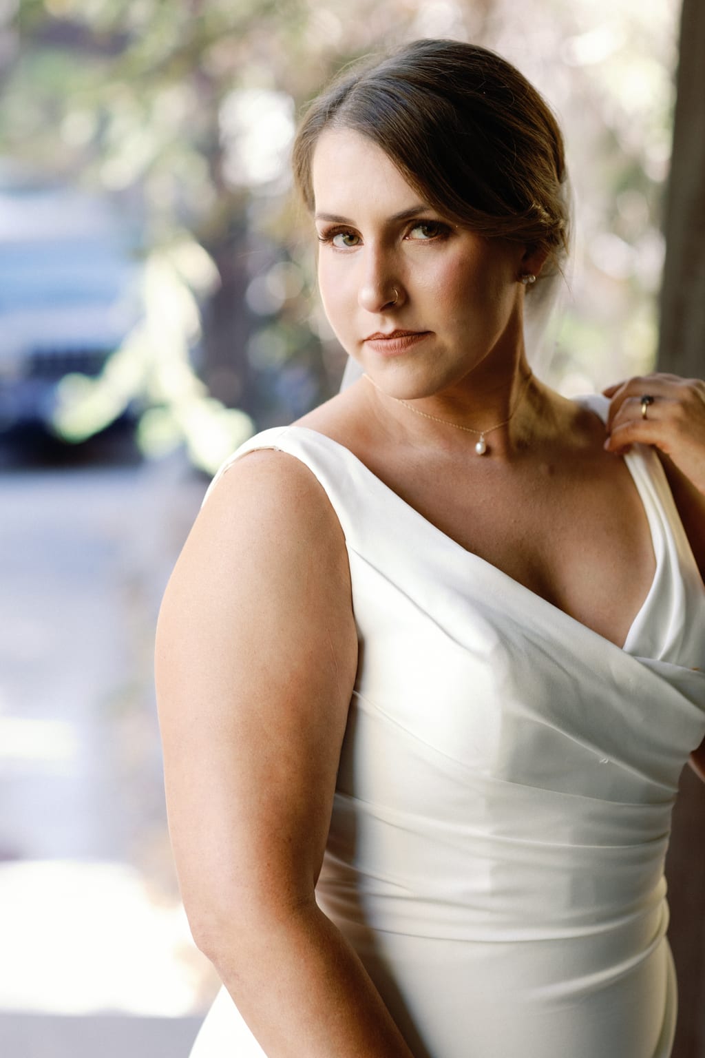 Bridal portrait, the bride looking over her shoulder, Sundance, Utah